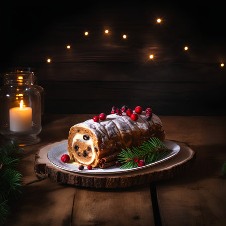 Christmas stollen cake with cranberries and gingerbread on wooden backgroundの素材