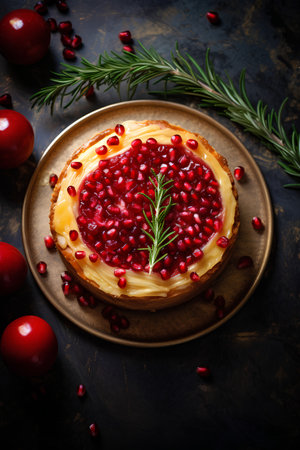 Cheesecake with pomegranate seeds and rosemary on dark backgroundの素材