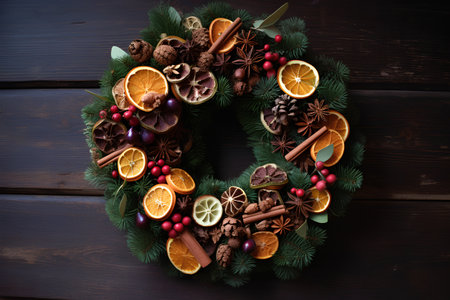 Christmas wreath made of dried fruits and spices on dark wooden backgroundの素材