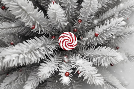 Christmas tree with red and white lollipop in snow close upの素材