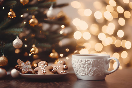 Cup of coffee with gingerbread cookies and Christmas tree on backgroundの素材
