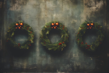 Christmas wreaths on dark grunge background. Vintage style.の素材