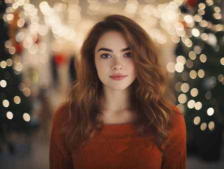 Portrait of beautiful young woman in red sweater on the background of Christmas treeの素材