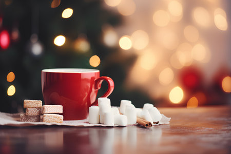 Cup of coffee with marshmallows and Christmas tree on backgroundの素材