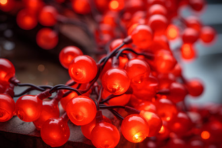 Close up of red christmas lights with shallow depth of field.の素材