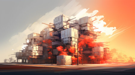 Industrial building with smoke and flames. 3d render illustration.の素材