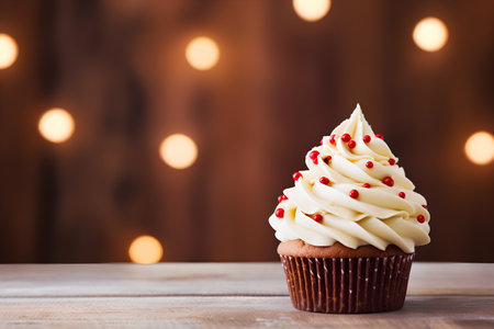 Cupcake with butter cream and red berries on wooden background.の素材