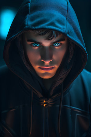 Portrait of a young man in a hoodie. Dark background.の素材