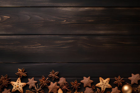 Christmas background with gingerbread cookies, star anise and cinnamon on dark wooden planksの素材