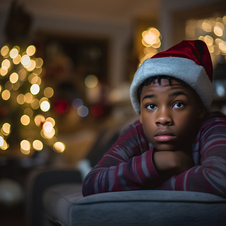 Portrait of upset african american boy in santa hat sitting on sofa at homeの素材