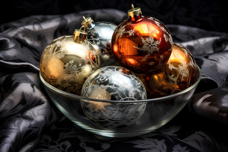 Christmas balls in glass bowl on black fabric background. New Year concept.の素材