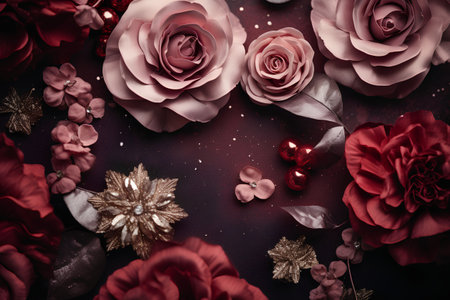 Beautiful red and pink roses on dark background. Flat lay.の素材