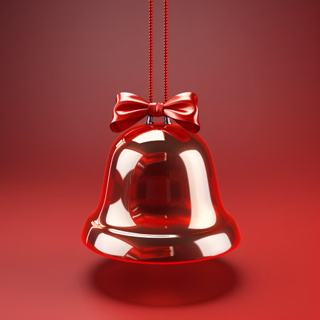 Christmas bell with red bow on red background. 3D illustration.の素材