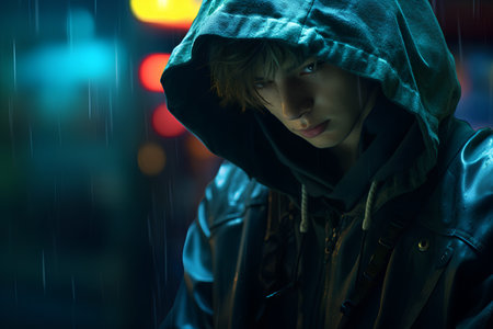 A boy in a hoodie on the street under the rain.の素材