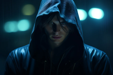 Portrait of a young man in a hood on a dark backgroundの素材