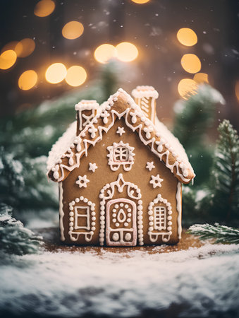 Gingerbread house on a background of snow and bokehの素材