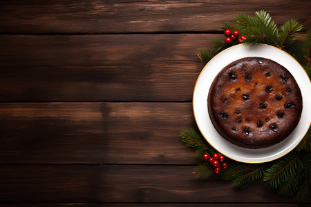 Chocolate cake with berries and christmas tree branches on wooden backgroundの素材