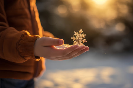 Little boy holding a snowflake in his hands on a winter background.の素材