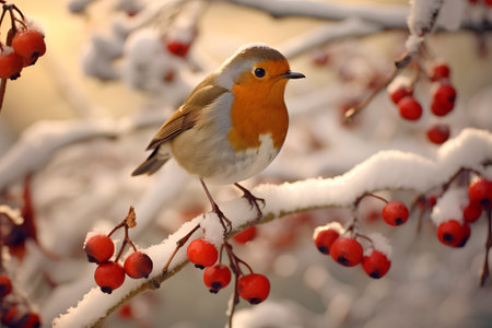 robin sitting on a branch with red berries in the winter forestの素材