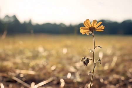 Yellow flower in the field at sunset. Beautiful nature background. Copy space.の素材