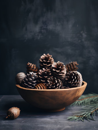 Pine cones in a wooden bowl on a dark wooden background.の素材