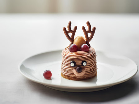 Christmas cake with reindeer and berries. Selective focus.の素材