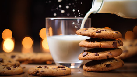 Chocolate chip cookies and a glass of milk on a wooden tableの素材