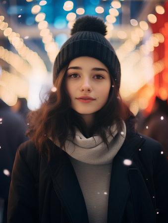 Portrait of a beautiful young woman in a hat and coat on the background of Christmas lights.の素材