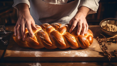 Baker's hands holding fresh braided challah bread on wooden tableの素材