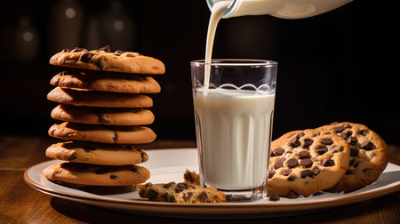 Chocolate chip cookies and a glass of milk on a wooden tableの素材
