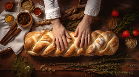 Woman hands holding braided bread with spices on wooden table. Top viewの素材