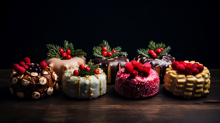 Variety of Christmas cakes on a wooden table. Toned.の素材