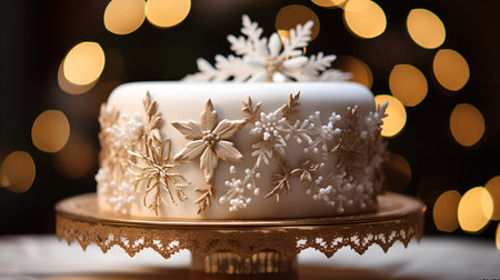 Christmas cake with snowflakes on a background of bokehの素材