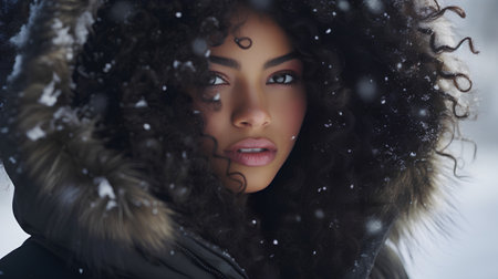 Portrait of a beautiful young woman with curly hair in winter clothes.の素材