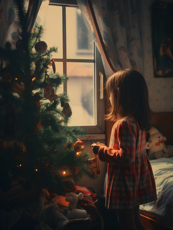 Little girl decorating the Christmas tree at home. Christmas concept.の素材