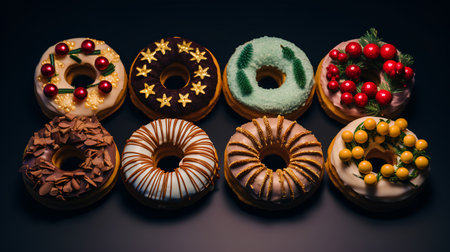 Different types of donuts on a black background. Toned.の素材
