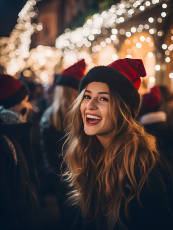 Portrait of a beautiful young woman with long wavy hair, wearing a Santa Claus hat, smiling and looking at the camera while standing on a Christmas market.の素材