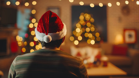 Rear view of man in santa hat looking at Christmas tree at homeの素材