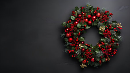 Christmas wreath on black background. Top view with copy space.の素材