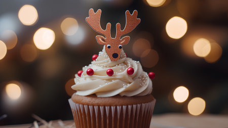 Christmas cupcake with deer on bokeh background, closeupの素材