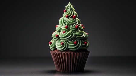 Christmas cupcake with green frosting and red berries on dark backgroundの素材