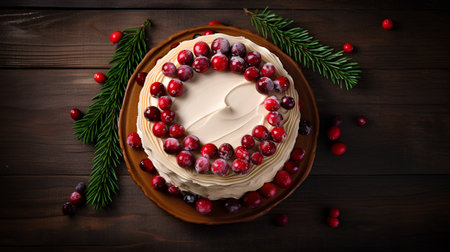 Christmas cake with cranberries on a dark wooden background. Toned.の素材