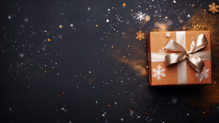 Gift box with golden bow and snowflakes on black backgroundの素材