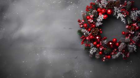 Christmas wreath with red baubles and fir branches on black backgroundの素材