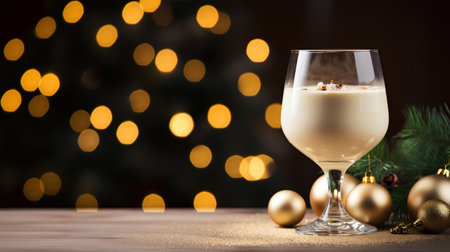Eggnog in a glass on a background of Christmas lightsの素材
