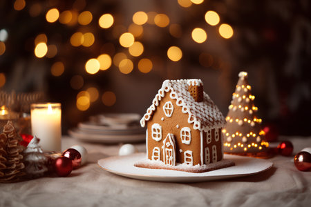 Gingerbread house on a plate on a background of Christmas lightsの素材