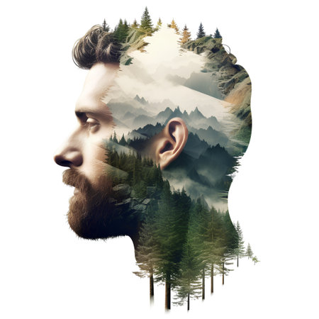 Man with beard and natural forest in his head. 3D renderingの素材