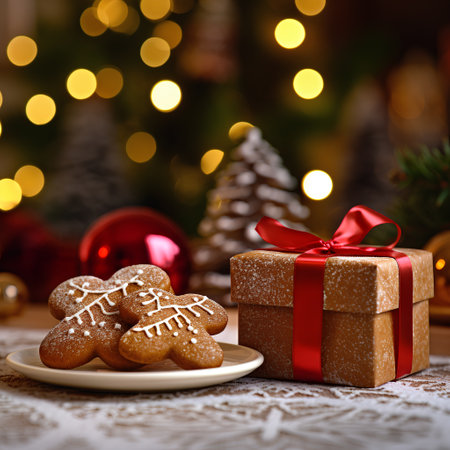 Christmas gingerbread cookies on a white plate with a red ribbon and a gift in the background of a Christmas treeの素材