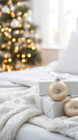 Christmas gifts on the bed in the room with a Christmas tree.の素材