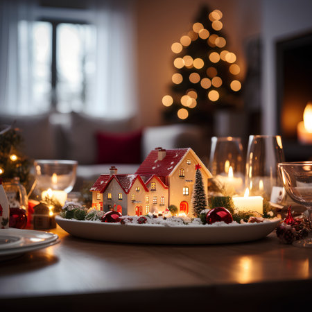 Christmas table setting with christmas tree and decorations. Selective focus.の素材